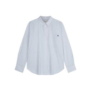 CK Jeans26春秋女士复古休闲通勤度假风字母绣标纯棉条纹长袖衬衫