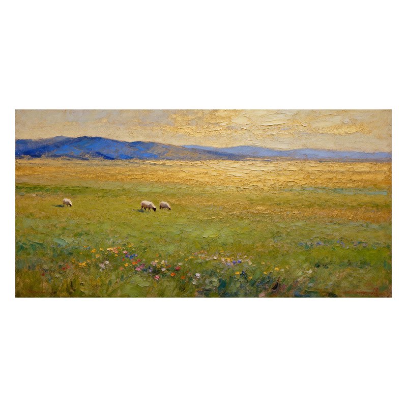 白鹿艺术手绘油画草原牧歌风景画