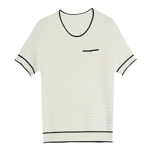 MEDECOO/墨蒂珂2025夏新款女装撞色圆领香风T恤醋纤上衣MIX40320