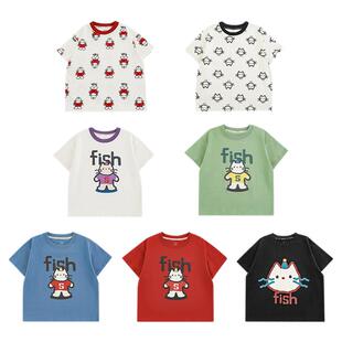 幼悠 男童2026新款卡通猫咪短袖圆领T恤夏季纯棉户外透气儿童上衣