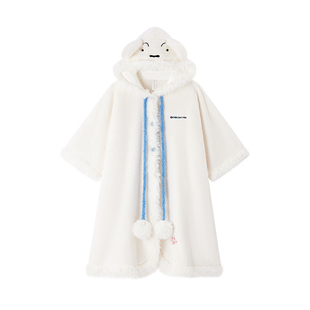 蜡笔小新斗篷睡袍女冬季珊瑚绒连帽厚睡衣秋冬披肩浴袍披风可外穿