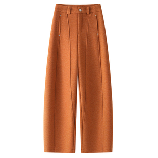 南瓜色羊毛呢弯刀裤女2025新款冬季加厚休闲香蕉裤慵懒松弛哈伦裤