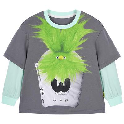 [力安同款]woobaby儿童长袖毛怪T恤秋冬女童抗菌防螨亲子假两件
