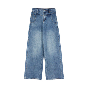 NEVA HU 摩登时髦 复古牛仔裤女夏季纯棉低腰宽松直筒阔腿长裤