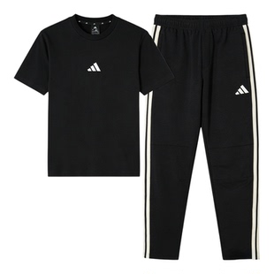 Adidas阿迪达斯黑色运动套装2026春夏新款短袖长裤两件套男装