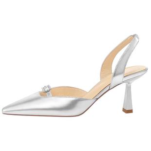 7or9冰花法式包头凉鞋2025气质舒适单鞋银色空气棉高跟鞋大码真皮