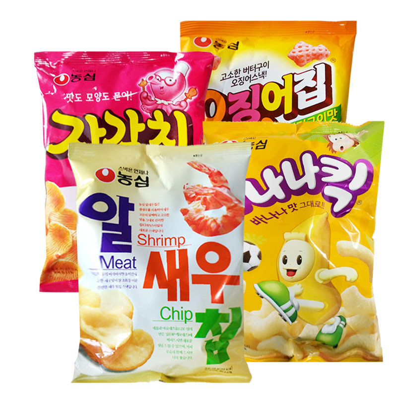韩国进口 农心虾片鱿鱼片章鱼片香蕉条4袋组合休闲膨化零食品