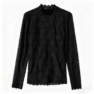 2025秋冬新款加绒保暖蕾丝提花长袖打底衫修身显瘦半高领内搭上衣