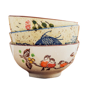 釉下彩米饭碗陶瓷面碗家用高温汤面碗沙拉碗复古国风手绘斗笠碗具