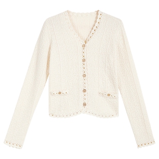 YINER音儿专选2026春季新款优雅镂空花边V领美丽诺羊毛混纺针织衫