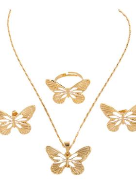 颂莉新款金色蝴蝶锁骨链友谊套装项链戒指耳环 不易掉色 新疆包邮