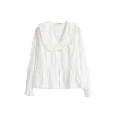 MELLOW SENSE 2026SS法式浪漫蕾丝边天丝翻领白色莱赛尔长袖衬衫