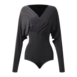 火叶花拉丁舞连体衣V领蝙蝠袖舞蹈练功服装长袖国标舞春秋女上衣