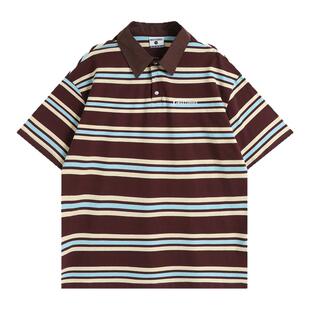 INSstudios 国潮牌情侣美式复古撞色条纹翻领短袖宽松POLO衫T恤男