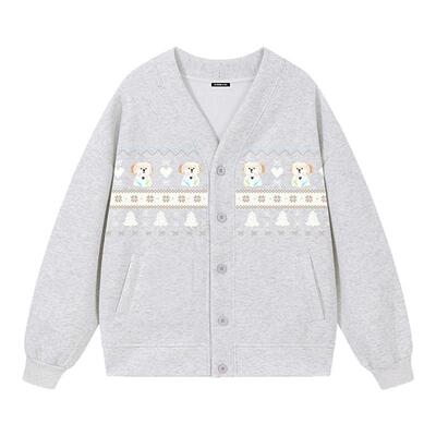 i.tGROUNDZERO2025秋款V领浅灰色情侣款小狗开衫卡通个性卫衣上衣