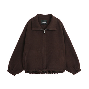 pusumede 晚风呢喃 咖色短款羊毛大衣女设计感抽绳双面毛呢外套