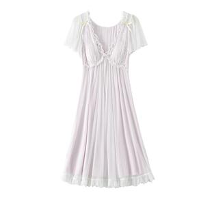 RoseTree冰丝睡裙女款夏季短袖法式精致蕾丝宫廷公主风睡衣带胸垫