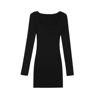 ousph 黑色方领弹力修身连衣裙女气质长袖包臀性感纯欲超短裙