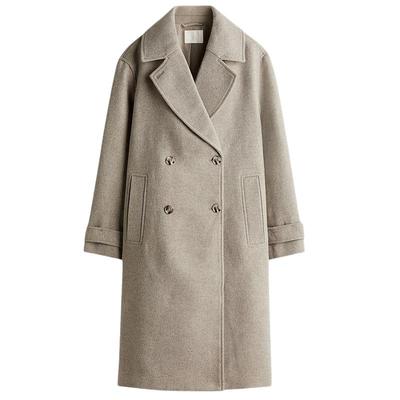 HM女装毛呢外套冬季英伦风双排扣长款纸片人大衣1300545