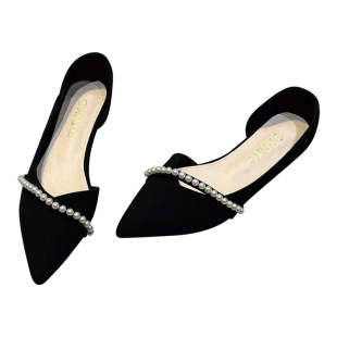 赫本风串珠浅口单鞋女2025年新款春秋百搭侧空百搭温柔平底女瓢鞋