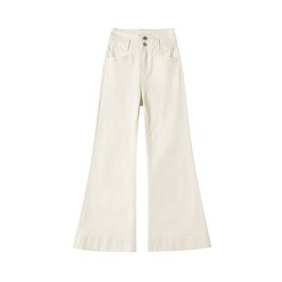 米白色高腰微喇牛仔裤女2025年秋冬新款加绒显瘦不贴腿喇叭拖地裤