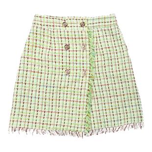 QUORRA S CHORD原创设计绿色复古编织小香风毛边半身裙短裙A字裙