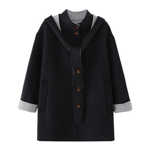 艾格撞色格子双面羊毛披肩连帽呢大衣女2025冬新款宽松中长款外套