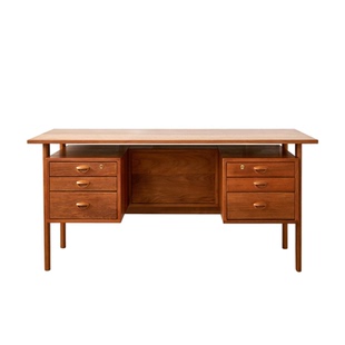 丹麦中古风缅甸柚木书桌台设计师双面可用写字台红橡木储物办公桌