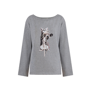 王楚然同款Kroche  一字肩/斜肩两穿小猫印花棉质宽松长袖T恤