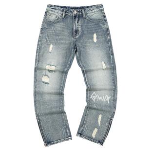 GENANX闪电潮牌水洗牛仔裤破洞线须裤脚拉链开衩修身小脚牛仔长裤