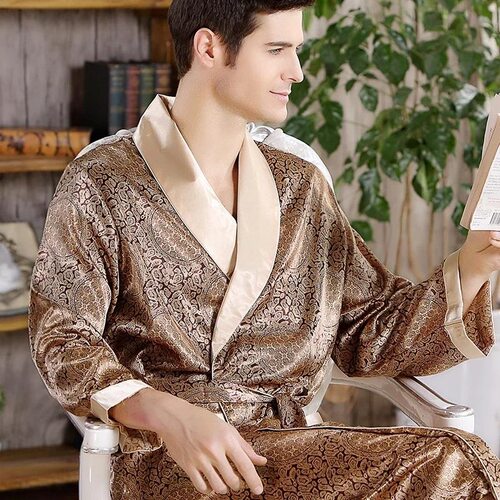 U 20313 Men's Silk Robe Summer Thin Long Sleeve 男士丝绸睡袍