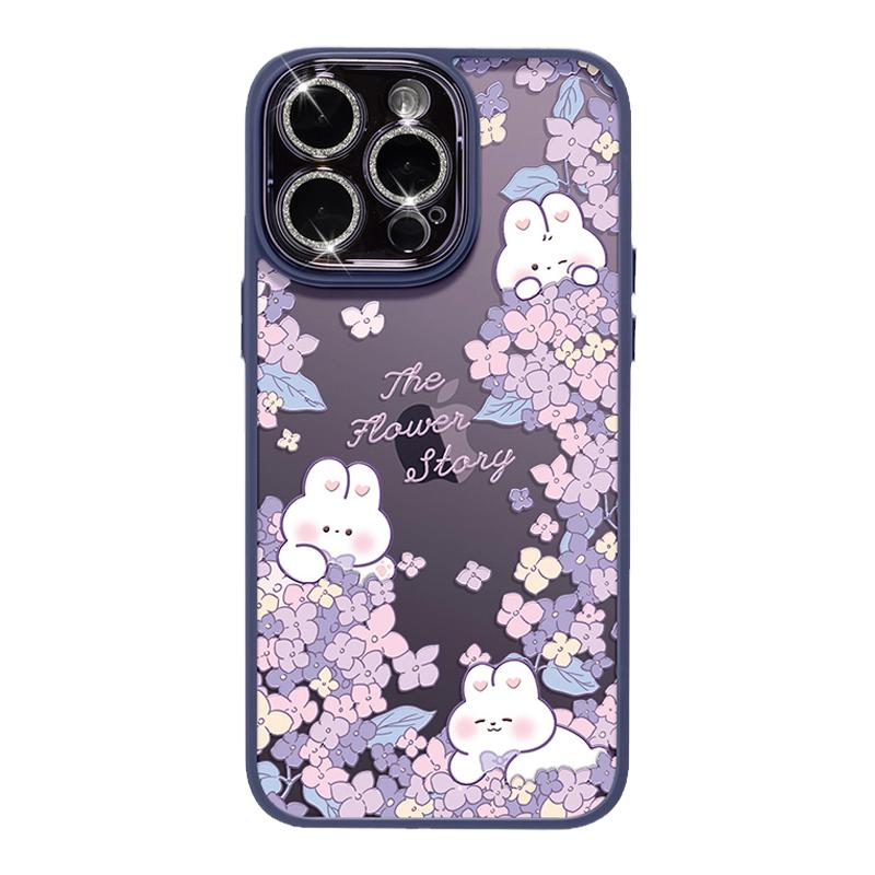 紫花丛小白兔适用于iphone15promax手机壳14紫色透明5Pro高端奢华13pro保护套ip16小众高级网红女款