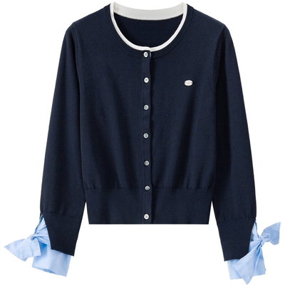 商场同款-BANANA BABY2026年春新款甜美拼色蝴蝶结拼接袖针织开衫