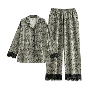 家乐芬睡衣女春秋款秋季纯棉长袖家居服蕾丝花边高级感水墨画套装
