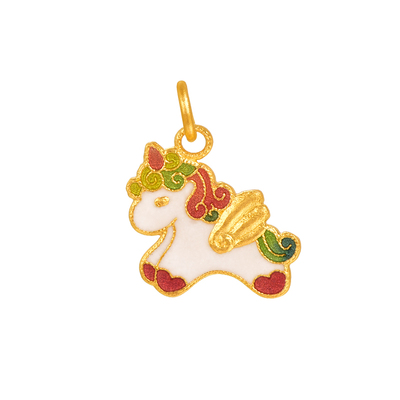 明牌珠宝古法黄金云霓飞驹吊坠 足金珐琅彩生肖马年挂件AFC0887