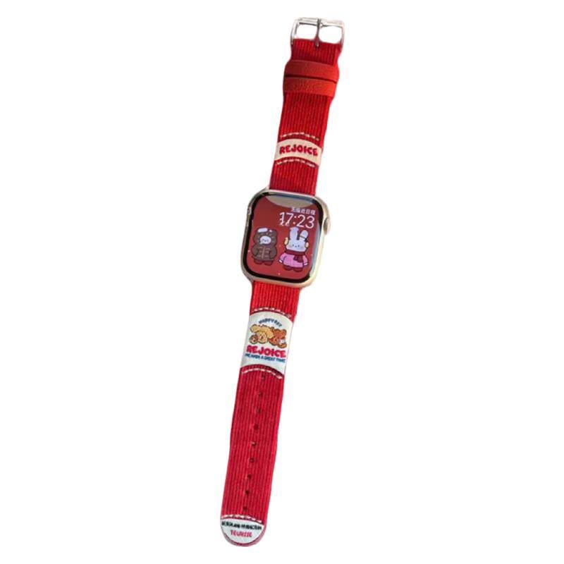 小熊印花秋冬灯芯绒柔软皮适用于苹果s10代applewatch9静静的表带