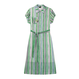 白鹿语天丝条纹衬衫裙夏季法式时尚间色无弹腰带长款女式连衣裙