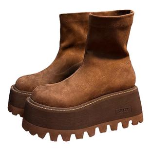 超高厚底松糕马丁靴女2025秋季新款百搭小个子增高弹力靴瘦瘦短靴