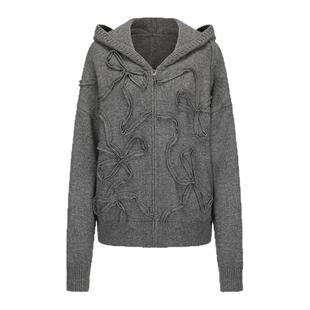 LACERTA 2025秋季新款盘带蝴蝶结羊毛针织外套女纯色休闲连帽外套