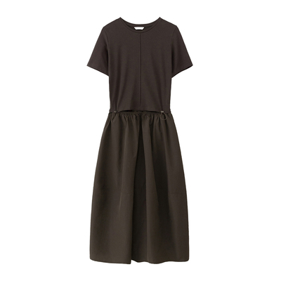 EAAH 韩国品牌 女装2026夏拼接茧型气质连衣裙短袖收腰显瘦长裙