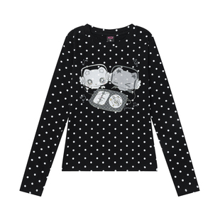 Double L2 波点猫咪卡通微透长袖T恤女亚文化修身显瘦打底衫上衣