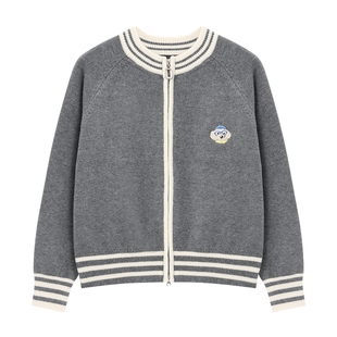 Basic House/百家好休闲风新款棒球服外套女刺绣撞色拉链开衫毛衣