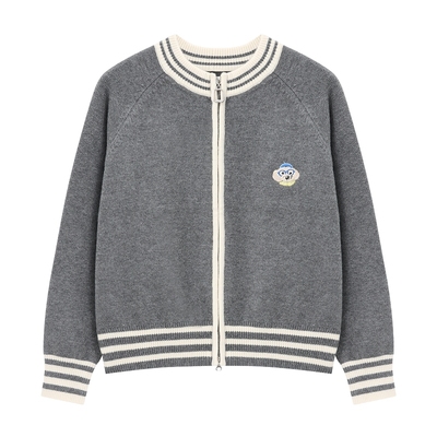 Basic House/百家好休闲棒球服外套女25秋冬刺绣撞色拉链开衫毛衣