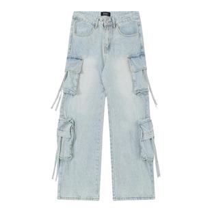 KKBBU美式复古多口袋水洗直筒工装牛仔裤男女街头阔腿休闲裤潮牌