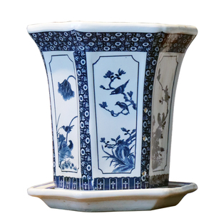 景德镇中式釉下彩青花瓷六角形陶瓷古典盆栽带托盘室内花鸟大花盆