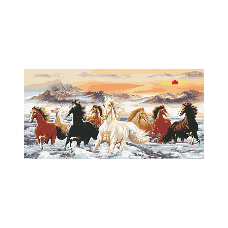 国风八骏图数字油画填色diy横向手工丙烯画中式客厅油彩画装饰画