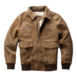 做旧头层黄牛皮夹克男厂家直销翻领A1飞行员机车短款真皮皮衣外套
