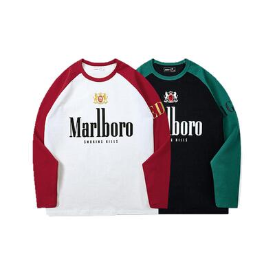 TEE7-2025春夏新品美式复古万宝路高街重磅插肩长袖T恤纯棉宽松