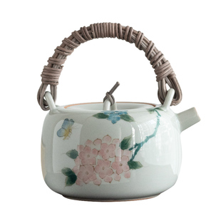 彩集堂 手绘绣球花藤把小号提梁壶 茶室范仿古釉下彩单壶泡茶壶
