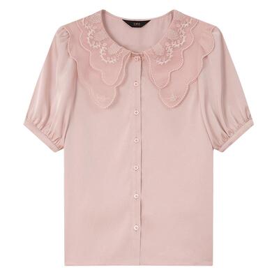 白鹿语甜美刺绣花边娃娃领衬衣2025夏季新款复古泡泡袖减龄衬衫女